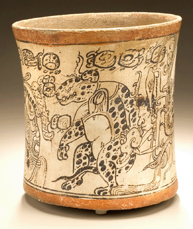 Drinking vessel, Southern Campeche, Mexico, 600‸00, ceramic with cream, red and black slip, height 5 3/8 inches, diameter 5 1/8 inches. Los Angeles County Museum of Art, gift of the 2006 Collectors Committee. ₩2008 Museum Associates/LACMA photo