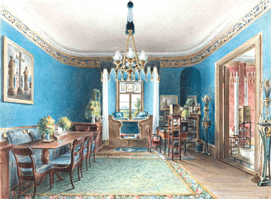 Carl Friedrich Wilhelm Klose (German, 1804⁡fter 1863), "The Blue Room, Schloss Fischbach,†Germany, 1846, brush and watercolor, graphite on white wove paper, Cooper-Hewitt, National Design Museum, Smithsonian Institution Thaw Collection. ⁍att Flynn photo 