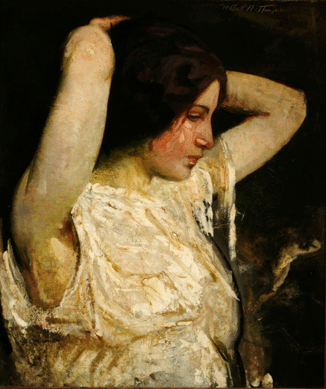 An eccentric resident of Dublin, N.H., Abbott Thayer specialized in views of Mount Monadnock and idealized women. "Girl Arranging Her Hair,†circa 1920, was painted shortly before his death.