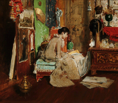 An admired teacher and painter, William Merritt Chase was also famous for his elaborately furnished Tenth Street Studio Building space, where he entertained artists, patrons and celebrities, and did some of his best painting. "In the Studio Corner,†circa 1881, conveys something of the opulence of his Manhattan digs.