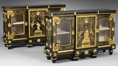 An important pair of cabinets from the collection of Baron Roslin d'Ivry, with brass and tortoiseshell marquetry, second half of Eighteenth Century, sold for $1.92 million.