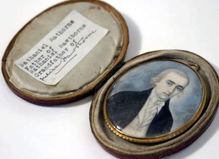 The miniature portrait depicts Captain Nathaniel Hathorne, father of author Nathaniel Hawthorne, who died when the author was four. A note attached indicates that Captain Hathorne was also the grandfather of Julian Hawthorne.