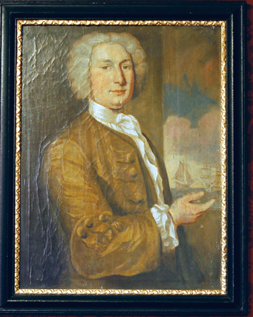 John Turner III is pictured with images of several of the ships with which his forbears made the family fortune. He inherited the House of the Seven Gables in 1742 and his financial reverses and excesses required him to sell it in 1782. The portrait is a Twentieth Century copy by Salem native Harry Sutton of the original by John Smibert that is part of the collection of the Museum of Fine Arts, Boston.