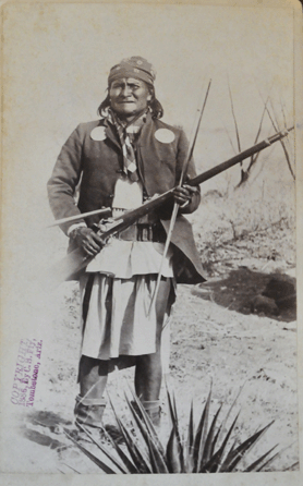 Geronimo, as captured on a cabinet card by Camillus Sidney Fly. On the left, the photo is stamped "Copyright, 1886, by C.S. Fly, Tombstone, Ariz.†The verso of the Geronimo picture identifies the Apache general as, "The most fiendish, cruel and bloodthirsty of the Apaches now defying the United States and Mexico.† 