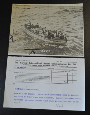 Titanic memorabilia. This original telegram from the ship Parisian to the Olympic reads: "According to information, the Carpathia has picked up seven boats with passengers. As regards Titanic, I have heard nothing.†It is signed "Clark†in ink. 