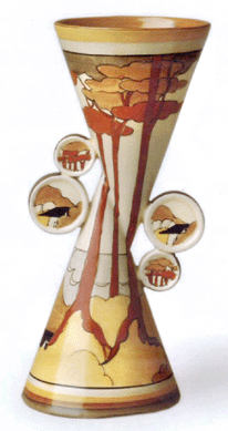 Clarice Cliff Coral Firs Yo Yo vase. This rare piece, along with the Summerhouse conical tea for two teaset, shown below, was exhibited at the Liverpool Walker Art Gallery in 2005 as part of the "Age of Jazz†show.