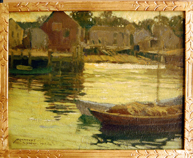 Inscribed "Mulhaupt to Grover †1917,†Frederick J. Mulhaupt's harbor scene brought $5,750.