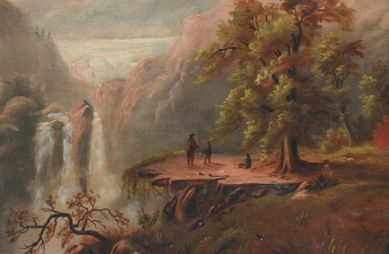 American School Western scene painting, oil on canvas, 24 by 36 inches, with no visible signature but attributed to Alexander Loemans, encased in worn liner. Despite several tears and abrasions, it sold for $7,475.