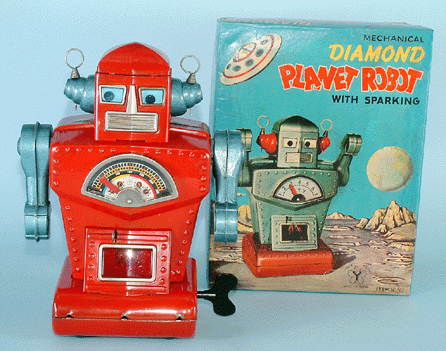 The extremely rare red version of the Diamond Planet Robot with box brought $50,850, the highest price in the auction of the Robert Lesser collection. 