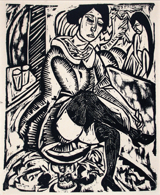 Ernst Ludwig Kirchner's "Woman, Tying Shoe,†1912, woodcut on wove paper, 12 1/8  by 10 inches.