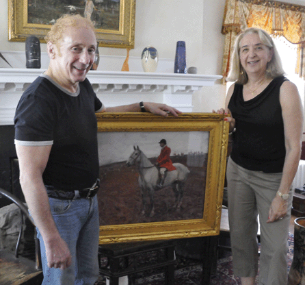 Rob and Annette Elowitch with Sir Alfred Munnings' watercolor titled "The Huntsman, A Bad Scent†that sold for $480,000.