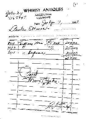 Copy of a 1967 purchase receipt for three pieces of Tiffany. Such documents were key to proving that items featured in a Philadelphia auction had belonged to the Ellmans.