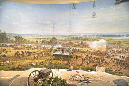 The September 26 opening of the cyclorama gallery will mark the completion of the 139,000-square-foot, $103 million museum and visitor center. At 377 feet by 42 feet, the "Battle of Gettysburg†cyclorama is the largest painting in the United States. The colossal circular oil painting, created in 1883‱884 by French master Paul Philippoteaux and a team of 20 artists, serves as a vivid monument to soldiers on both sides who took part in the Battle of Gettysburg. ⁂ill Dowling photo, the Gettysburg Foundation