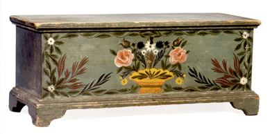 Painted furniture brought hefty prices; a stunning Albany County miniature blanket box in a blue-green paint made $92,000.