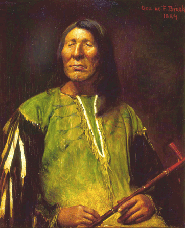 For his service in helping the US Army in fighting hostile Indian tribes, Fort Washakie in Wyoming was named in honor of the venerable Shoshone chief, Washakie. In "Old Washakie,†1884, Brush captured the nobility and strength of the aging leader plagued by illness and blindness. American Heritage Center, University of Wyoming, Laramie.