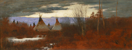 Tepees, in which Brush often lived, were also subjects for his art. Referring to "Indian Village at Dawn,†1882, painted on the Crow reservation in Montana, National Gallery research associate Jen-nifer Roberts writes, "Rendered as gracefully slanted cones set against broad swathes of color formed by the earth, distant mountains and sky, the tepees become elegant silhouettes in his somber winter scene.†Private collection.