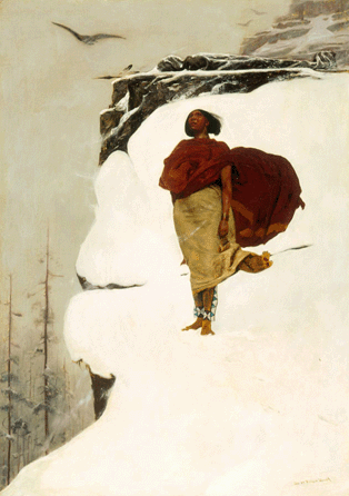 In the most memorable image in the exhibition, Brush's "Mourning Her Brave,†1883, a grieving widow stands barefoot on a snowy precipice below the body of her husband, her garb billowing in a wintry wind. "Brush declared that the rituals of mourning varied widely among cultural groups, but that all people experienced death and grief,†says curator Nancy K. Anderson. Gilcrease Museum.
