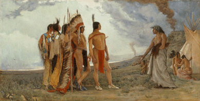 Steeped in the French academic tradition of working from live models, Brush made the Indians in "Before the Battle,†1886, appear as classical figures. The older man to the right appears to be trying, unsuccessfully, to talk the younger men out of going into combat. Private collection, Wyoming.