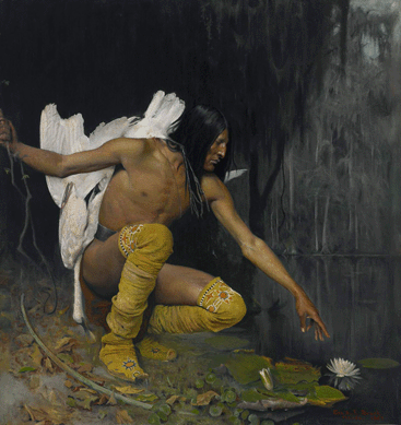In "The Indian and the Lily,†1887, painted following a visit to Apaches imprisoned at St Augustine, Brush showed a brave reaching for a lily in a Florida swamp. "In his gesture †reaching hopefully but futilely for a semblance of the ideal †is summed up symbolically the whole tragic story of American Indians, ever hopeful for the restoration of their independence and a return to their former way of life,†says curator Patricia Junker. Crystal Bridges Museum of American Art.
