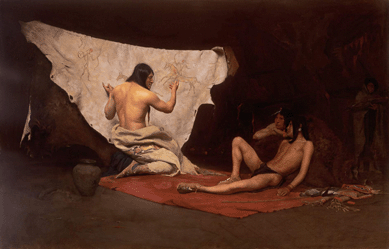 In a combination of refined technique and narrative appeal, Brush showed a Mandan Indian demonstrating his art on a buffalo hide. The Indian seated on the right in "The Picture Writer's Story,†1884, may be modeled after Michelangelo's reclining Adam in the Sistine ceiling. The Anshutz collection.