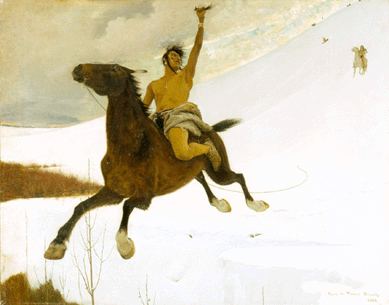 In "The Revenge,†1882, an intruder, scalp in hand, makes good his dramatic escape from his pursuers, who are slowed by the snow. Based on observations at the Crow reservation in Montana, Brush covered his Indian star with chrome yellow war paint. Philadelphia Museum of Art.