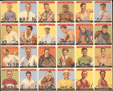A 1933 Goudey Sport Kings complete uncut sheet (24 cards) featuring Ruth, Cobb, Thorpe and Grange commanded $90,000.