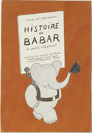 The front cover of the first Babar book, shown with a red background, differs significantly from the early draft.
