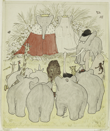 In de Brunhoff's final watercolor version, Babar and Celeste were crowned at their wedding. Again, suitable clothing was a factor; each wore regal dress and a crown with eight points.