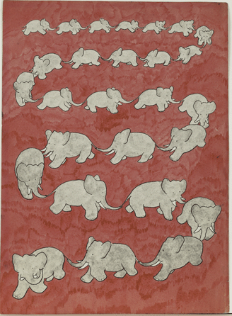 The end papers of the published book showed a graduated chain of elephants linked trunk to tail. The color was red, which has varied in some publications. 