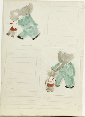 The two watercolor studies and the final watercolor for Babar and Arthur Reunite document the evolution of the published image.