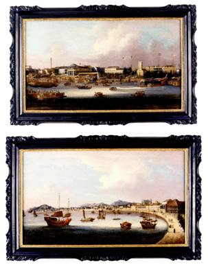 The pair of paintings by Sunqua depicting the hongs at Canton and the Praya Grande at Macao went out at $216,000.
