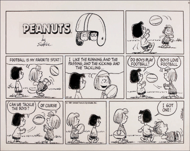 Peppermint Patty and Marcy ponder the intricacies of boys and football in this original Peanuts strip, which sold for $25,829.
