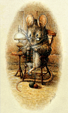 Beatrix Potter, "A Mouse Seated in an Armchair, Knitting with Two balls of Wool, beside a Table on which Stands a Gas Lamp.• style=