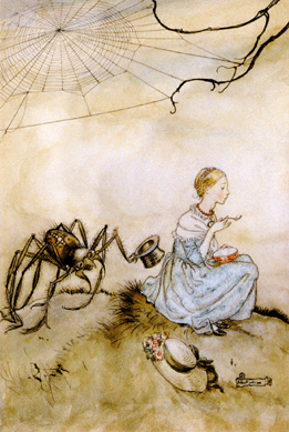 Arthur Rackham, "Little Miss Muffet,†illustration for Arthur Rackham, Mother Goose, the Old Nursery Rhymes, 1913; watercolor and pen and ink on paper.