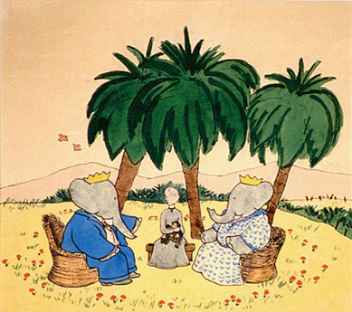 Jean de Brunhoff, "Babar, Celeste, la Vielle Dame, et Zephir,†watercolor and ink on paper, 7¼ by 8 1/16 inches, illustration for de Brunhoff's Le Voyage de Babar, 1932.