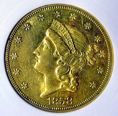 A price of $16,500 was achieved for this 1858 gold US $20 gold coin.
