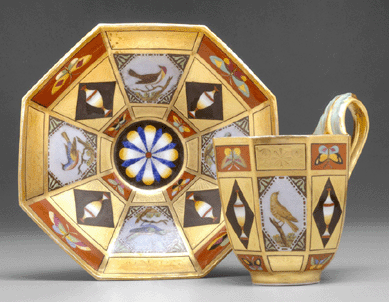 Cup and saucer with birds and pietre dure decoration, Royal Porcelain Manufactory, Berlin, Germany, circa 1805, hard-paste porcelain, height 3½ inches, width 3¾ inches (saucer: 5½ inches). Twinight collection.