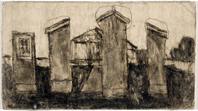 James Castle, "Gabled house or shed split vertically into four segments,†soot and spit, 3¼ by 5¾ inches. Philadelphia Museum of Art. 