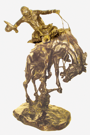 This signed C.M. Russell "Bronc Twister,†bronze, 18 by 13 inches, ©1911 with steer head, Roman Bronze Works N.Y., realized $805,000.