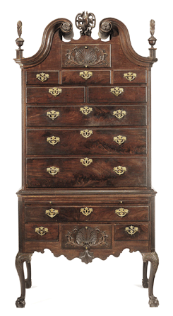 The Biddle-Drinker family Chippendale carved and figured mahogany high chest of drawers attributed to the Eighteenth Century shop of Henry Cliffton and Thomas Carteret, the carving attributed to Nicholas Bernard, Philadelphia, circa 1760, sold for $1,082,500.