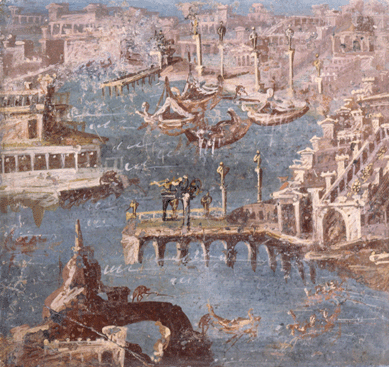 Stabiae, view of a harbor town, First Century BC⁆irst Century AD, fresco. Soprintendenza Speciale per i Beni Archeologici di Napoli e Pompei, Museo Archeologico Nazionale di Napoli.