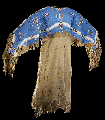 A Sioux two-hide dress was made around 1900 in South Dakota with a fully beaded yoke in sky blue.