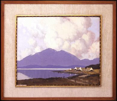 Irish artist Paul Henry's "Evening in Connemara,†an oil on panel depiction of a calm mountainside lake beside a cluster of thatched roofed houses, brought $97,750.