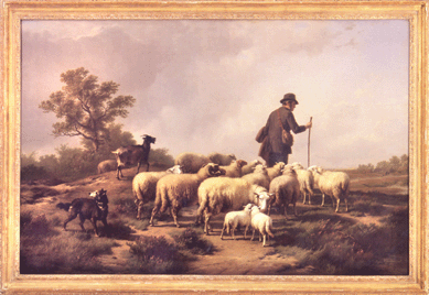 From the Woolworth collection, a landscape scene by Belgian artist Eugene Verboeckhoven depicting a shepherd leading his sheep back home through verdant pastures before an approaching storm hit $95,450. 