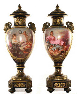 This monumental pair of Sevres architectural scale urns commanded $72,500.