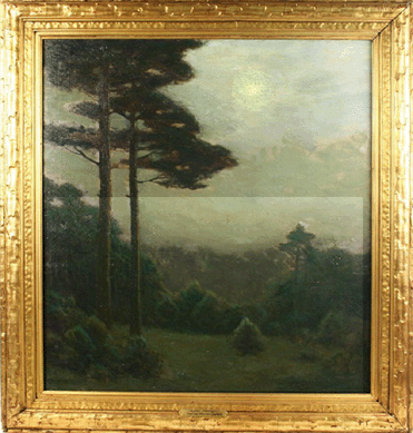 Charles Warren Eaton (1857‱937), "Mystic Moonlight,†oil on canvas, in original hand carved Arts and Crafts gilt frame with brass tag, 36½ by 34½ inches, sold for $44,000.