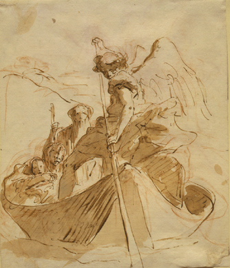 Giovanni Battista Tiepolo, "The Flight into Egypt,†circa 1750‶0, pen and brush with brown ink and brown wash over red chalk on paper, 9 5/8 by 8 inches, Sterling and Francine Clark Art Institute.