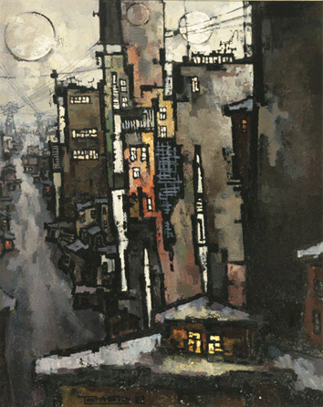 Oscar B. Rabin's (b 1928) oil on canvas Russian cityscape with two moons sold to an overseas bidder for $146,750.