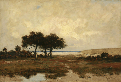 An oil on canvas mounted on board landscape by Max Weyl (1837‱914), "The Potomac Marshlands,†fetched $7,637.