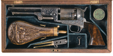 A cased factory engraved Colt Third Model Dragoon revolver sold for $253,000.